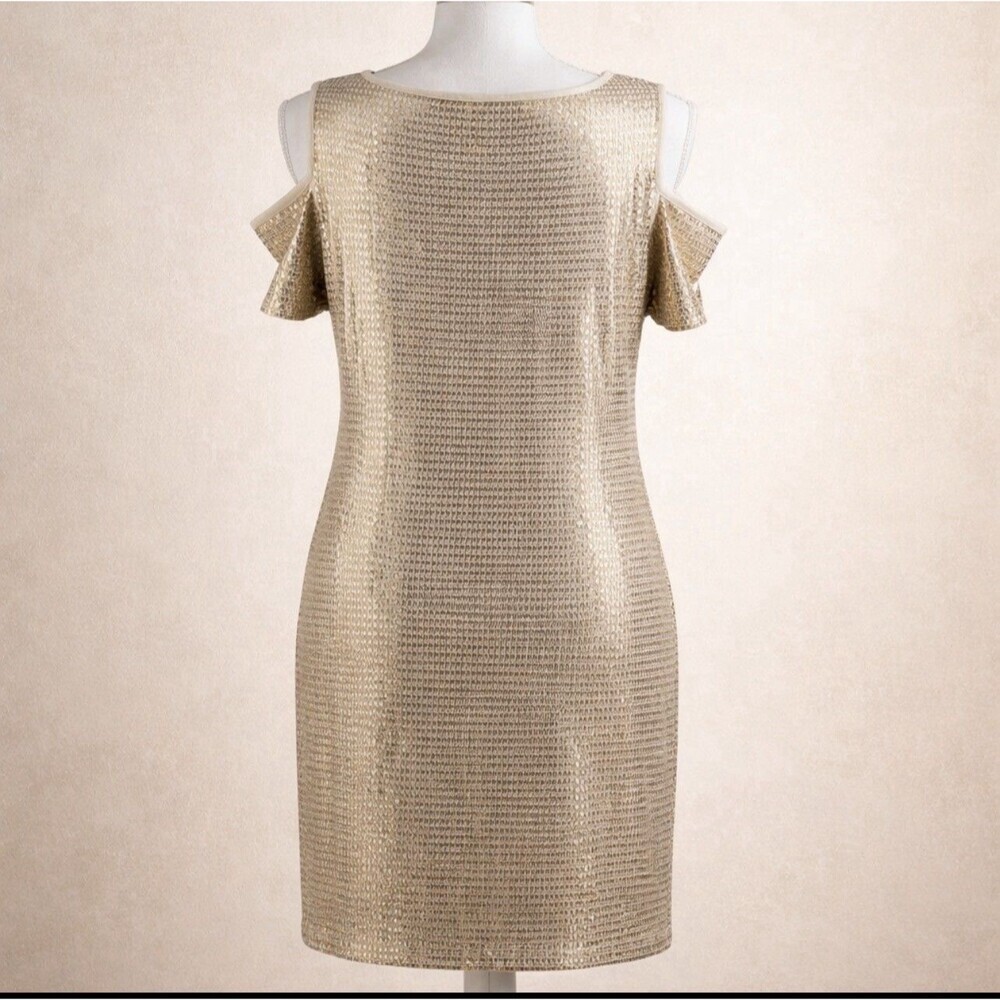 $149 Chico's Gold Sequins Cold Shoulder Knit Sheath Dress Size 1 Med Petite - Picture 3 of 7